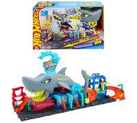 Hot Wheels City Autolavaggio Mega Squalo con macchinina che cambia colore | Include macchinina in scala 1:64 con decorazione a sorpresa, cambia colore in acqua fredda o calda, HTN82