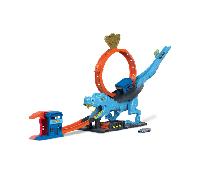 Hot wheels city - playset sfreccia sul t-rex, pista acrobatica con loop gigante e mega dinosauro t-rex, 1 macchinina in scala 1:64 inclusa, giocattolo per bambini, 4+ anni, hkx42