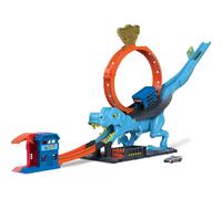 Hot wheels city - playset sfreccia sul t-rex, pista acrobatica con loop gigante e mega dinosauro t-rex, 1 macchinina in scala 1:64 inclusa, giocattolo per bambini, 4+ anni, hkx42