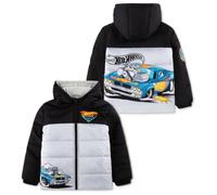 Hot Wheels Giacca trapuntata per ragazzi con cappuccio, cappotto invernale imbottito con auto da corsa, calda fodera in pile, con tasche