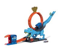 Hot Wheels - Hot Wheels City Pista con 1 macchinina, sfreccia attraverso un loop gigante per sconfiggere il mega dinosauro, pista acrobatica da corsa con T-Rex, giocattolo per bambini 4+ Anni, HNP77