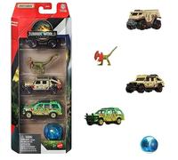 Hot Wheels Jurassic World - Macchine giocattolo, camion e dinosauro, confezione da 5 con 4 veicoli giocattolo pressofusi in scala 1:64 e 1 dinosauro del franchise (set 1)