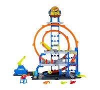 Hot Wheels - Mega Garage, Set Pista con 3 Livelli di Gioco e 2 Loop, macchinina ed Elicottero Inclusi, adattatori Speed Snap e Spazio per riporre 37 Veicoli, Giocattolo per Bambini, 4+ Anni, JLC05