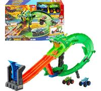Hot Wheels Monster Trucks pista giocattolo squali vs. dinosauro, distruzione del drago, per bambini dai 4 anni in su