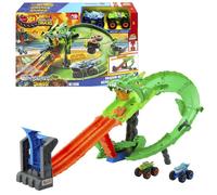 hot wheels monster trucks corsa del drago - set pista con doppio lanciatore e 2 auto