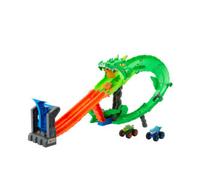 Hot wheels monster trucks - demolizione del drago, pista con deviatore e drago cyborg da sconfiggere, due veicoli inclusi