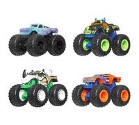 Hot Wheels - Set 4 Monster Trucks, confezione da quattro veicoli in scala 1:64 con ruote giganti e design da urlo, ispirati ai personaggi della serie, 3+ anni, JJT67