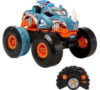 Hot Wheels Monster Trucks Macchina Telecomandata - Rhinomite Trasformabile in scala 1:12, si trasforma in un lanciatore, con truck Race Ace in scala 1:64 incluso, giocattolo per bambini 5+ anni, HPK27