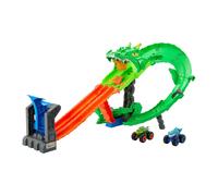 Hot Wheels Monster Trucks pista giocattolo squali vs. dinosauro, distruzione del drago, per bambini dai 4 anni in su