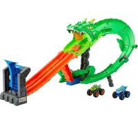 Hot Wheels Monster Trucks pista giocattolo squali vs. dinosauro, distruzione del drago, per bambini dai 4 anni in su