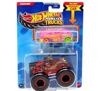 Hot Wheels Monster Trucks Scorcher, veicolo pressofuso con furgone schiacciabile lato cieco, scala 1:64