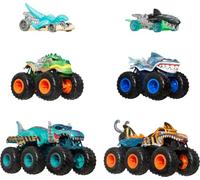 Hot Wheels Monster Trucks, Shark e Dinosaur Multipack con 2 Big Truck, 2 Monster Trucks in scala 1:64 e 2 Hot Wheels in scala 1:64, JGD68