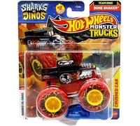 Hot Wheels Monster Trucks, Sharks Vs. Dinos 7/8, Team Dino Bone Shaker [include auto schiacciata] Nuovo per il 2025! Veicolo giocattolo pressofuso in scala 1:64
