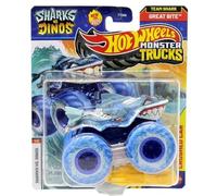 Hot Wheels Monster Trucks Sharks vs Dinos, collezione di veicoli pressofusi in scala 1:64, edizione 2025 (3/8 ruote blu Great Bite)