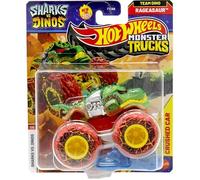 Hot Wheels Monster Trucks Team Dino Rageasaur, Sharks Vs. Dinos 7/8 [include auto schiacciata] Nuovo per il 2025! Veicolo giocattolo pressofuso in scala 1:64