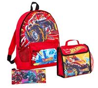 Hot Wheels Monster Trucks Zaino + Borsa per il pranzo + Astuccio Ragazzi 3 Pezzi Scuola Set, Rosso, Taglia unica, Zaino