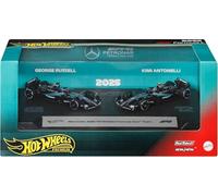 Hot Wheels Premium Formula 1 - Team Mercedes-AMG PETRONAS F1, 2 macchinine con pneumatici reali e le coppie di piloti della stagione 2025, n.63 George Russell e n.12 Kimi Antonelli, 14+ anni, JMM93