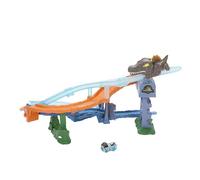 Hot Wheels RacerVerse Jurassic World Pista Scontri e Tuffi, playset con veicolo velociraptor die-cast, gara di dinosauri con spinosauro, JFP32