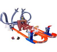 Hot Wheels RacerVerse - Pista Ragnatela di Spider-Man, Corsa multigiri per sfuggire al Dottor Octopus, Include Due macchinine di Spider-Man e Black Panther, Giocattolo per Bambini, 4+ Anni, HTM08