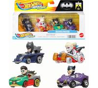 Hot Wheels RacerVerse, set di 4 macchinine giocattolo pressofuse in scala 1:64 ottimizzate per la guida su piste Hot Wheels con personaggi della cultura pop come piloti