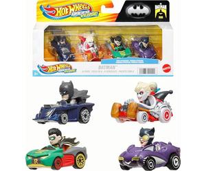 Hot Wheels RacerVerse, set di 4 macchinine giocattolo pressofuse in scala 1:64 ottimizzate per la guida su piste personaggi della cultura pop come piloti