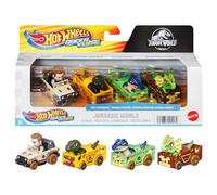 Hot Wheels RacerVerse - Set di 4 veicoli die-cast con piloti i personaggi di Jurassic World, include Charlie, Owen, Dilofosauro e Allosauro, giocattolo per bambini, 3+ anni, HKD32