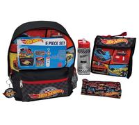 Hot Wheels Set zaino per ragazzi - Set da 5 pezzi con borsa per il pranzo, bottiglia d'acqua, astuccio e portachiavi, zaino per ragazzi e borsa per il pranzo, regali per bambini