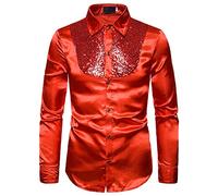 HOT1950s Camicie da uomo per adulti con bottoni e paillettes camicia metallica lucida camicia a maniche lunghe slim fit party discoteca anni '70 danza latina jazz top per performance e festival danza