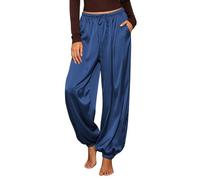 HOT1950s Joggers da donna UK Plus Size elastico con risvolto raso pantaloni jogger coulisse elastico a vita alta allentato affusolato casual palazzo loungepants con tasche per l'uso quotidiano, Marina