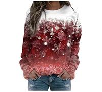 HOT1950s Maglioni natalizi da donna con fiocco di neve stampato girocollo pullover top manica lunga comoda camicetta maglione da donna oversize felpa natalizia da donna, Rosso, XL