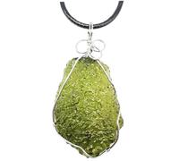 Hotainoys Collana Moldavite, Collana di meteorite di irregolare verde con supporto in metallo e corda in pelle, ciondolo Moldavite per meteorite di compleanno