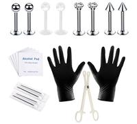 Hotainoys Kit per piercing al corpo Anello per naso in acciaio inossidabile Aghi per piercing al sopracciglio per lingua Kit di aghi per naso in argento da 19 pezzi