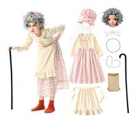 Hotainoys Set costumi da vecchia signora per bambini, vestito da nonna con vestito, grembiule e foulard per la festa di Halloween, 100 giorni di scuola, misura 120 cm, costume da vecchia signora