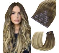 hotbanana Extension Capelli Veri Clip Senza Cucitura, Ombré noce marrone a cenere marrone e bionda sbiancante Extension Capelli Clip Veri Invisibile PU Seamless Capelli Extensions 115g 40cm 7pcs