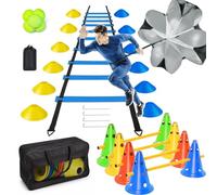 HOTGOSP Accessori per allenamento da calcio, scala di coordinazione da 6 m con 12 coni, 4 ostacoli con 8 coni + 4 barre, palla di reazione, paracadute di resistenza, aste per slalom, set per