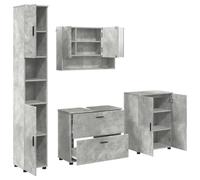 Hothingwell Set di mobili da bagno 4 pezzi grigio cemento a parete | Specchio super riflettente, legno di ingegneria, gambe in metallo, mensole da parete, stile minimalista, piccoli spazi urbani