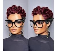 HOTKIS Parrucca corta riccia pixie taglio pixie capelli umani parrucche corte per donne nere - capelli umani brasiliani bordeaux e neri, senza colla ricci ombré 1B/99J, 10,2 cm