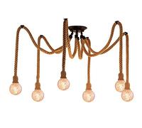 Hotloop Lampadario Corda Canapa Lampada a Soffitto Industriale Vintage con 6 Portalampada, con Rosone Lampada a Sospensione in Legno Stile Country per DIY (lampadina non inclusa)