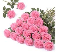 Hotop 20 rose artificiali con stelo lungo, rose realistiche in seta, realistiche al tatto, bouquet di rose in plastica per casa, matrimoni, feste, centrotavola, decorazioni (rosa)