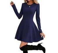 Hotouch Abito da donna, elegante, a maniche lunghe, con scollo rotondo, linea A, tinta unita, per il tempo libero, mini abito da festa, taglie XS-XXL
