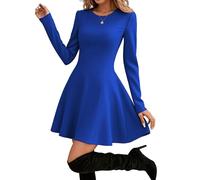 Hotouch Abito da donna, elegante, a maniche lunghe, con scollo rotondo, linea A, tinta unita, per il tempo libero, mini abito da festa, taglie XS-XXL