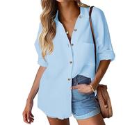 Hotouch Camicetta da Donna a Maniche Lunghe Button Down Camicetta Camicetta in Cotone abbottonatura sul Davanti Casual Blu Cielo L
