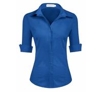 Hotouch Camicetta da Donna con Manica a 3/4 Camicia con Scollo a V Camicetta di Base Slim Fit con Knop Bar Tops Casual Cotone Blu Scuro M