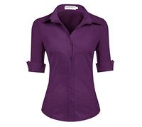 Hotouch Camicetta da Donna con Manica a 3/4 Camicia con Scollo a V Camicetta di Base Slim Fit con Knop Bar Tops Casual Cotone Viola S