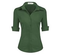 Hotouch Camicetta da Donna con Manica a 3/4 Camicia con Scollo a V Camicetta di Base Slim Fit con Knop Bar Tops Casual Cotone Verde Scuro S