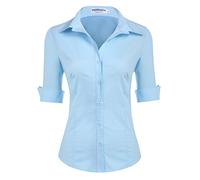 Hotouch Camicetta da Donna con Manica a 3/4 Camicia con Scollo a V Camicetta di Base Slim Fit con Knop Bar Tops Casual Cotone Blu Mare M