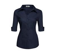 Hotouch Camicetta da Donna con Manica a 3/4 Camicia con Scollo a V Camicetta di Base Slim Fit con Knop Bar Tops Casual Cotone Blu Navy M
