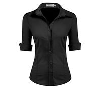 Hotouch Camicetta da Donna con Manica a 3/4 Camicia con Scollo a V Camicetta di Base Slim Fit con Knop Bar Tops Casual Cotone Nero S