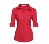 Hotouch Camicetta da Donna con Manica a 3/4 Camicia con Scollo a V Camicetta di Base Slim Fit con Knop Bar Tops Casual Cotone Rosso XL