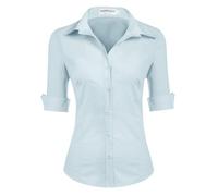 Hotouch Camicetta da Donna con Manica a 3/4 Camicia con Scollo a V Camicetta di Base Slim Fit con Knop Bar Tops Casual Cotone Blu Chiaro M
